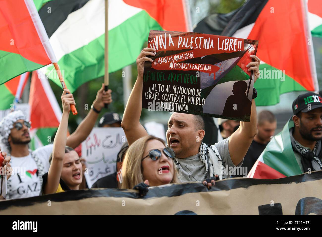 Mexico City, Mexico City, Mexico. 28th Oct, 2023. Hundreds of activists are protesting in the streets of Mexico City on Saturday to demand a ceasefire in the Gaza Strip as the United Nations General Assembly convenes an emergency meeting.''We are gathered here while Palestinians in Gaza are under bombs, '' said Permanent Observer of the State of Palestine Riyad Mansour.''They are talking while families are being killed, while hospitals are paralysed, while neighbourhoods are being destroyed, while people are fleeing from place to place with nowhere safe to go.''.''There is no time to mo Stock Photo