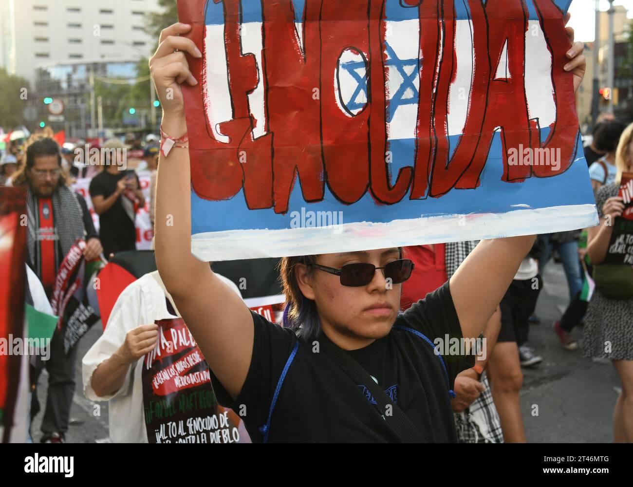 Mexico City, Mexico City, Mexico. 28th Oct, 2023. Hundreds of activists are protesting in the streets of Mexico City on Saturday to demand a ceasefire in the Gaza Strip as the United Nations General Assembly convenes an emergency meeting.''We are gathered here while Palestinians in Gaza are under bombs, '' said Permanent Observer of the State of Palestine Riyad Mansour.''They are talking while families are being killed, while hospitals are paralysed, while neighbourhoods are being destroyed, while people are fleeing from place to place with nowhere safe to go.''.''There is no time to mo Stock Photo