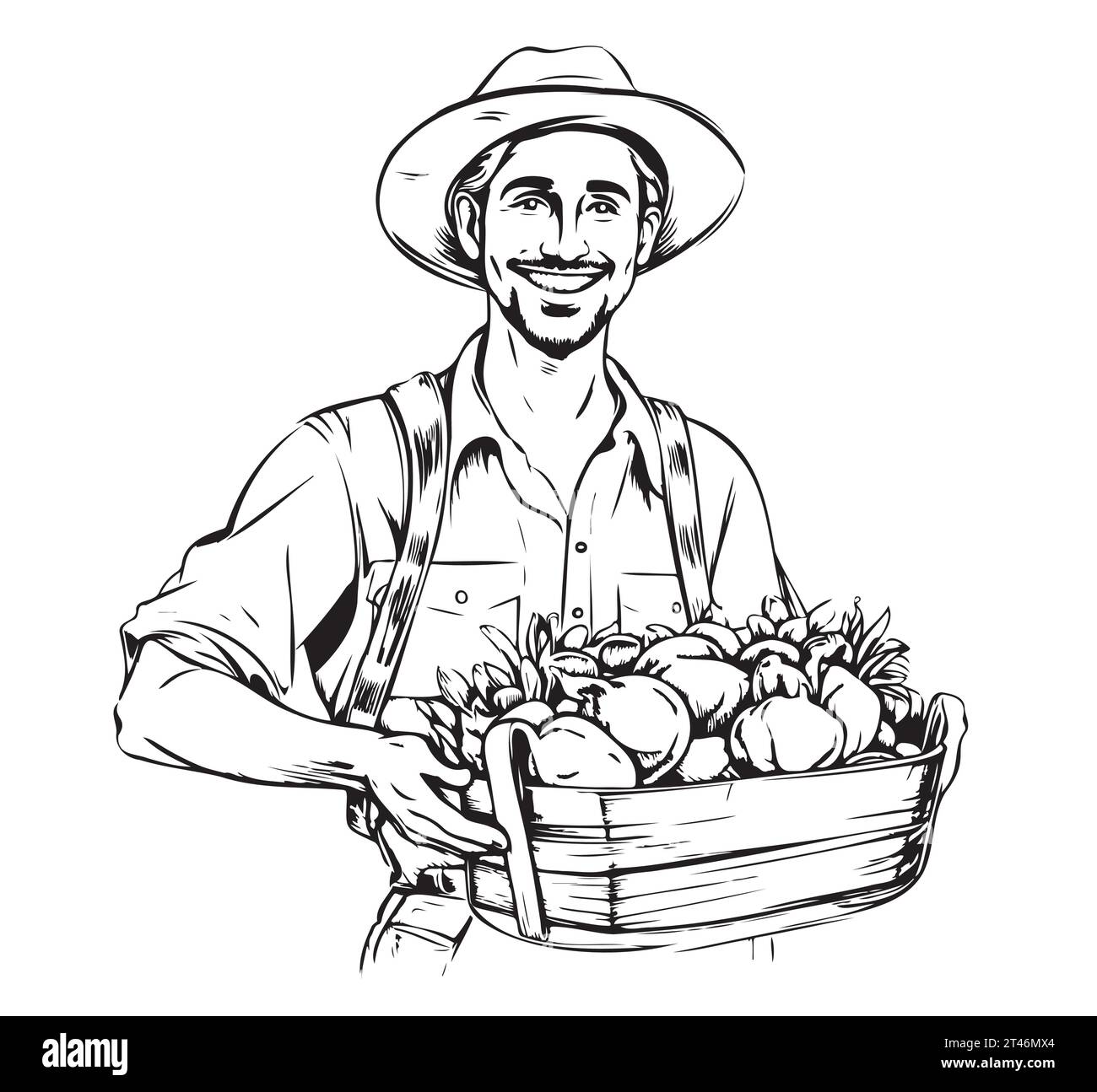 Vector Hand Drawn Vintage Style Farmer Holding Basket with Crop Vegetables and Fruits, Local Produce Natural Farm Illustration, Black and White Ouline Drawing. Stock Vector