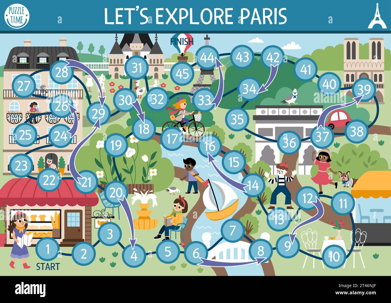 France dice board game for children with Eiffel Tower, castle. French