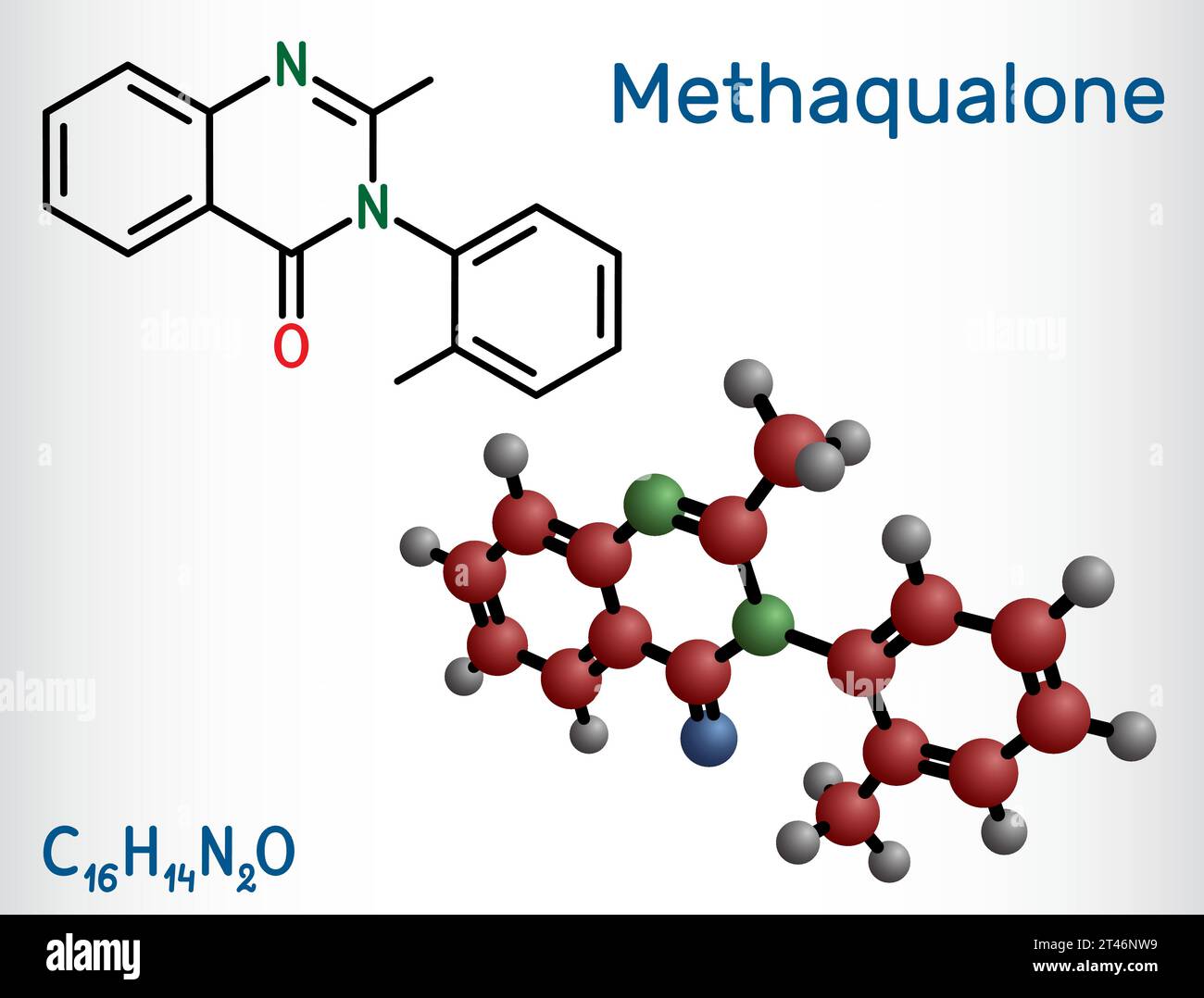 Methaqualone molecule. It is sedative, hypnotic drug, used to treat