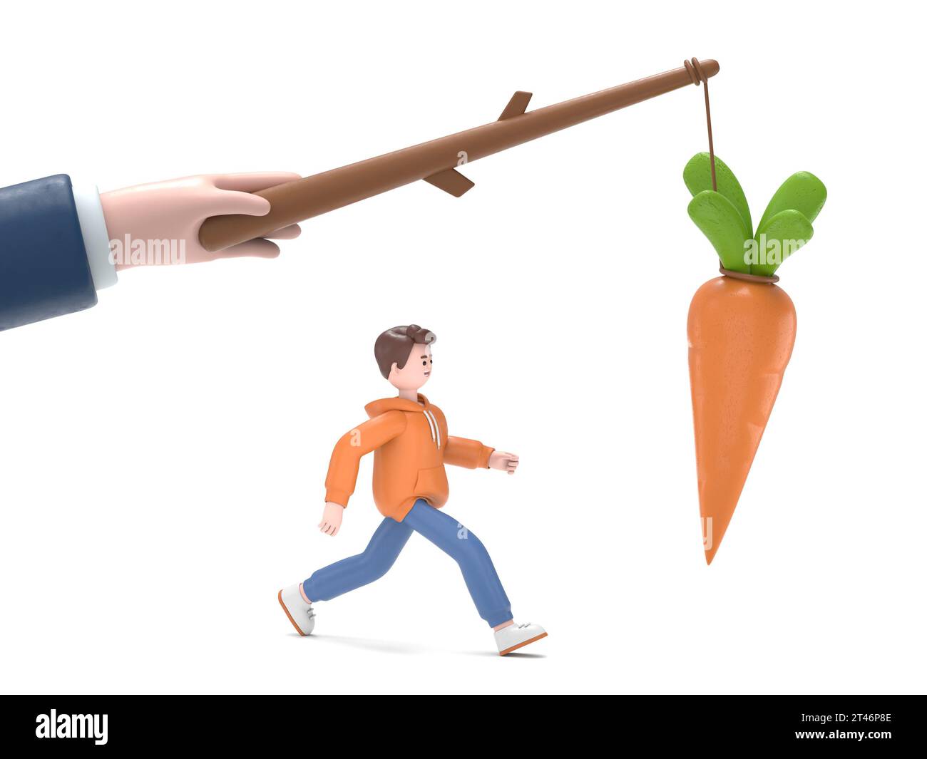 3D illustration of male guy Qadir running for bait,Big hand holds carrots on stick.Incentive concept. Business metaphor. Personnel management leadersh Stock Photo