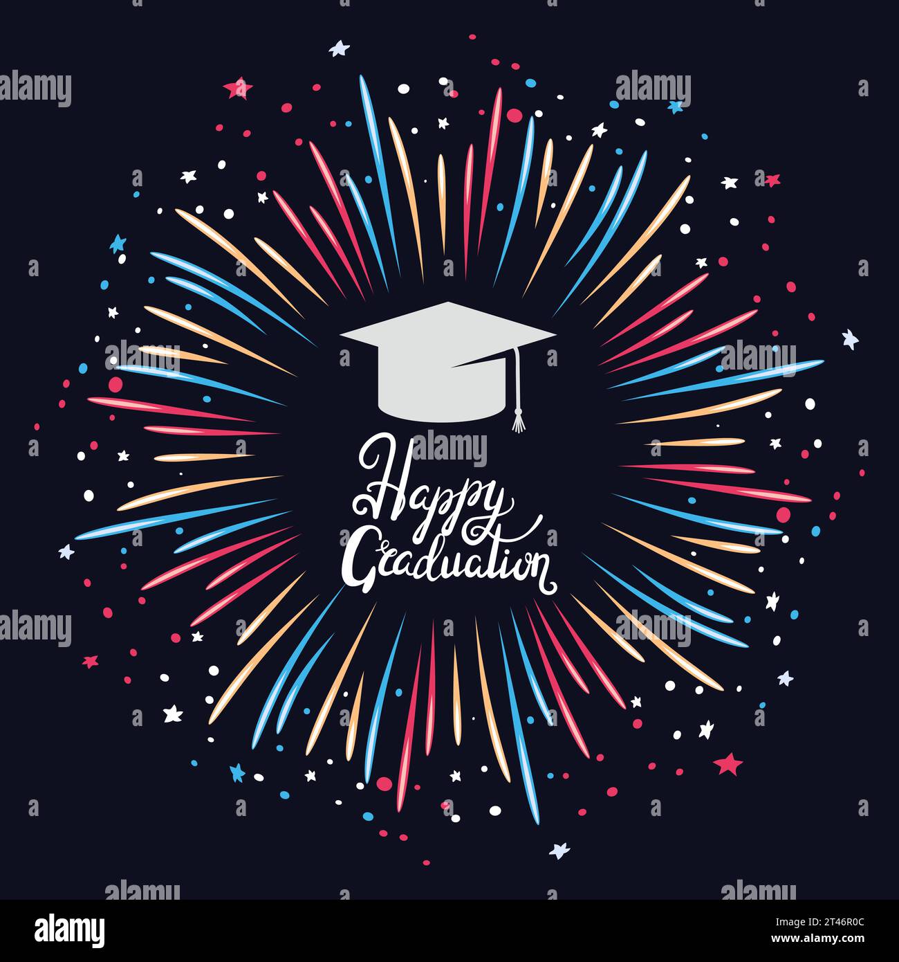 Graduation party poster. Vector template of invitation card with fireworks Stock Vector