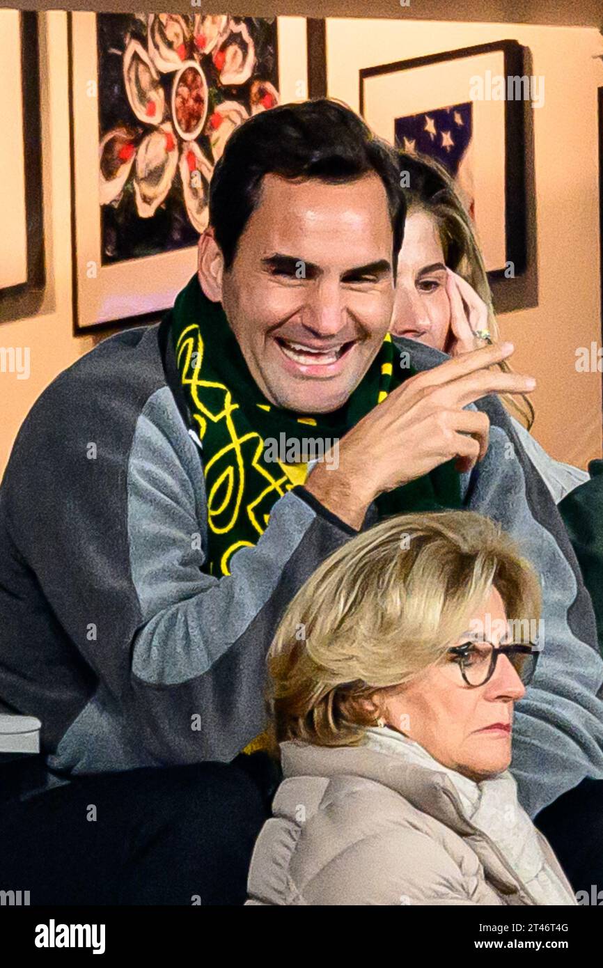 Paris, France. 28th Oct, 2023. Lynette Federer (Roger's mother who is from South Africa), above Roger Federer, Mirka Federer with their kids Leo, Lenny, Myla Rose, Charlene Riva attend the Rugby World Cup France 2023 Final between New Zealand (All Blacks) and South Africa (Springboks) at Stade de France on October 28, 2023 in Saint-Denis near Paris, France. Photo by Laurent Zabulon/ABACAPRESS.COM Credit: Abaca Press/Alamy Live News Stock Photo