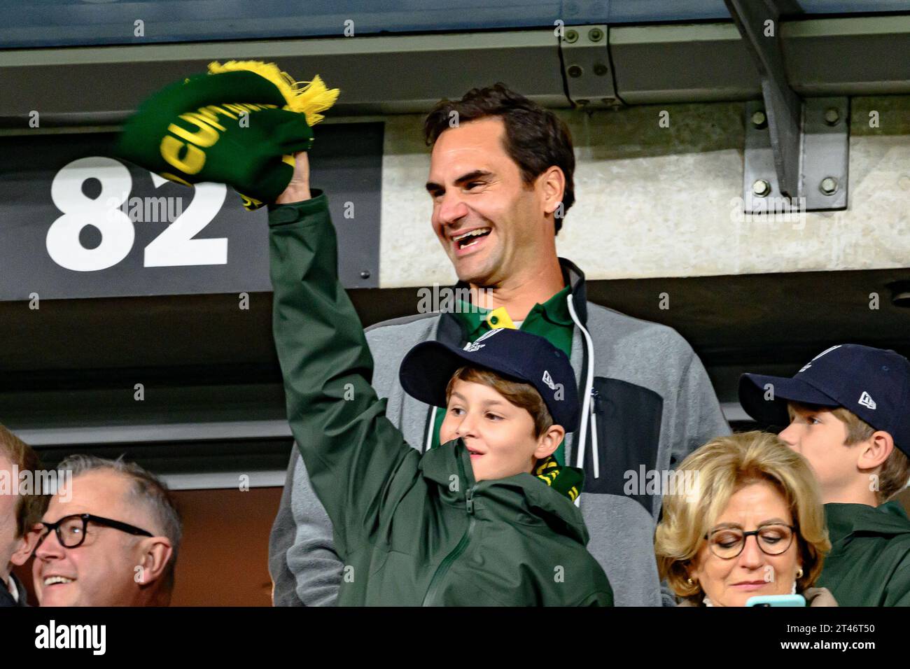Paris, France. 28th Oct, 2023. Lynette Federer (Roger's mother who is from South Africa), above Roger Federer, Mirka Federer with their kids Leo, Lenny, Myla Rose, Charlene Riva attend the Rugby World Cup France 2023 Final between New Zealand (All Blacks) and South Africa (Springboks) at Stade de France on October 28, 2023 in Saint-Denis near Paris, France. Photo by Laurent Zabulon/ABACAPRESS.COM Credit: Abaca Press/Alamy Live News Stock Photo