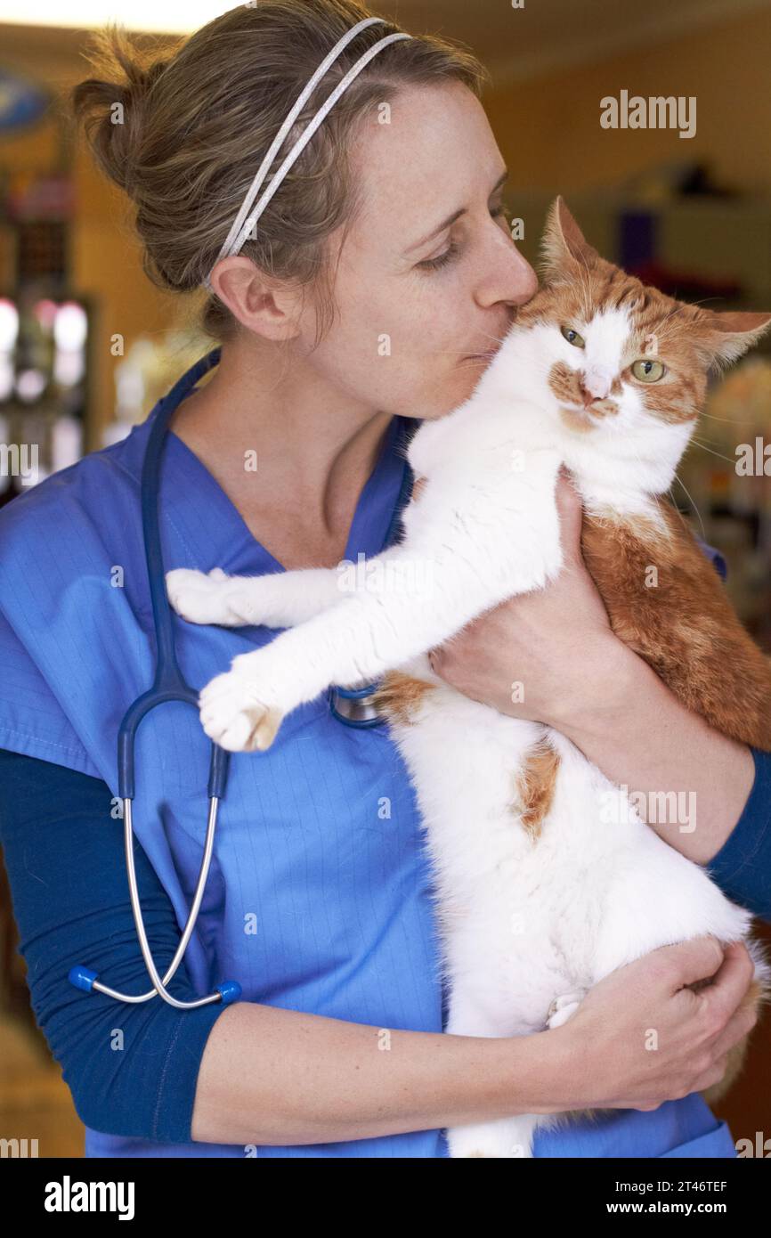 Veterinary, woman and kiss cat with smile for healthcare, consultation or health examination at clinic or hospital. Medical, animal or doctor with Stock Photo