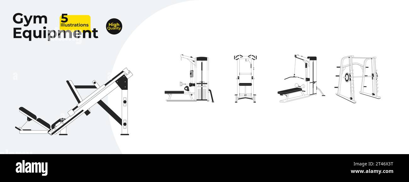 Workout gym equipment black and white 2D line cartoon objects bundle