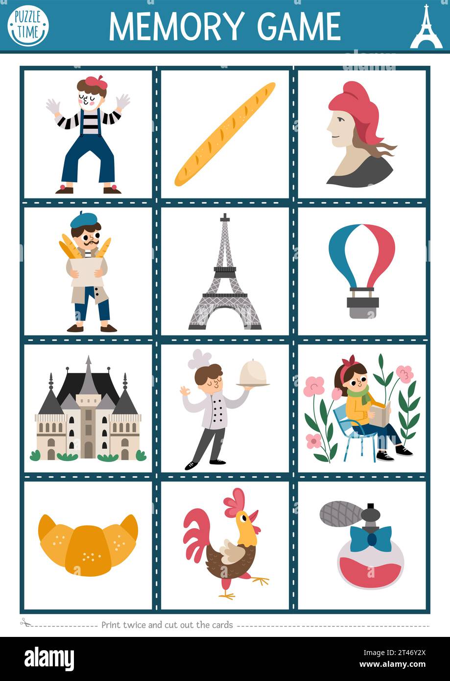 Vector France memory game cards with cute traditional symbols. French