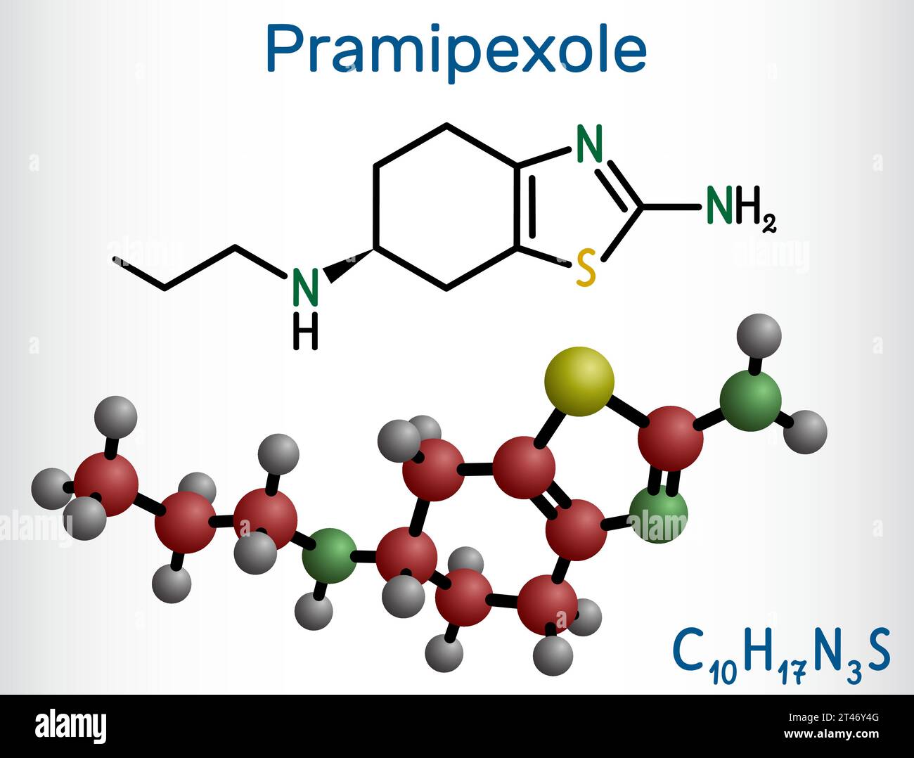 Pramipexole molecule. It is non-ergot dopamine agonist, medication used to treat Parkinson's disease. Structural chemical formula, molecule model. Stock Vector