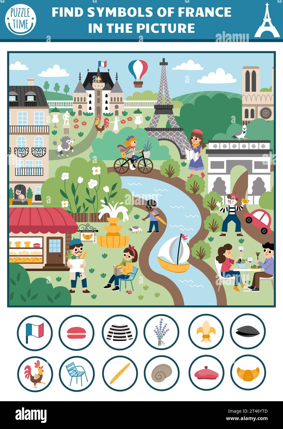 Vector French searching game with Paris city landscape, park, people