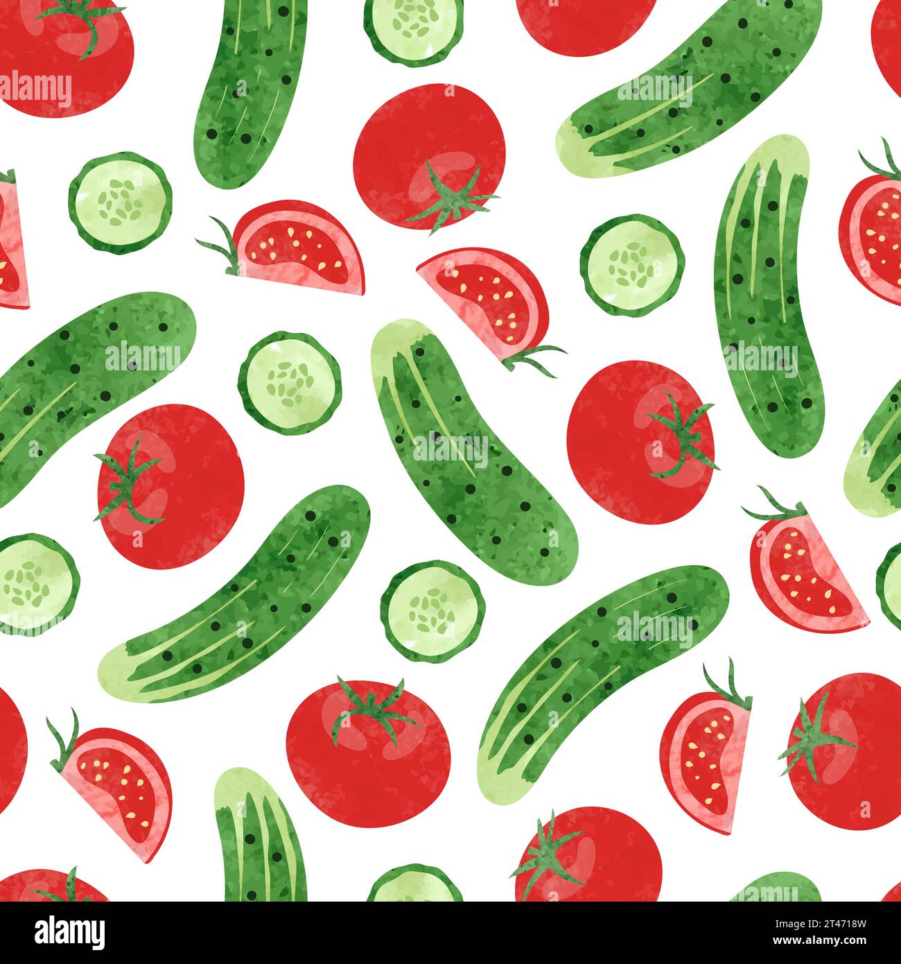 Tomato and cucumber seamless pattern. Vector watercolor vegetables background Stock Vector