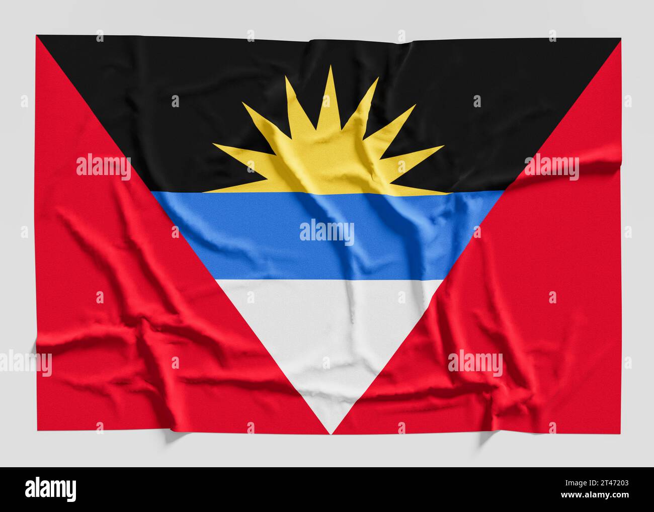 Flag of Antigua and Barbuda. Fabric textured Antigua and Barbuda flag isolated on white background. 3D illustration Stock Photo