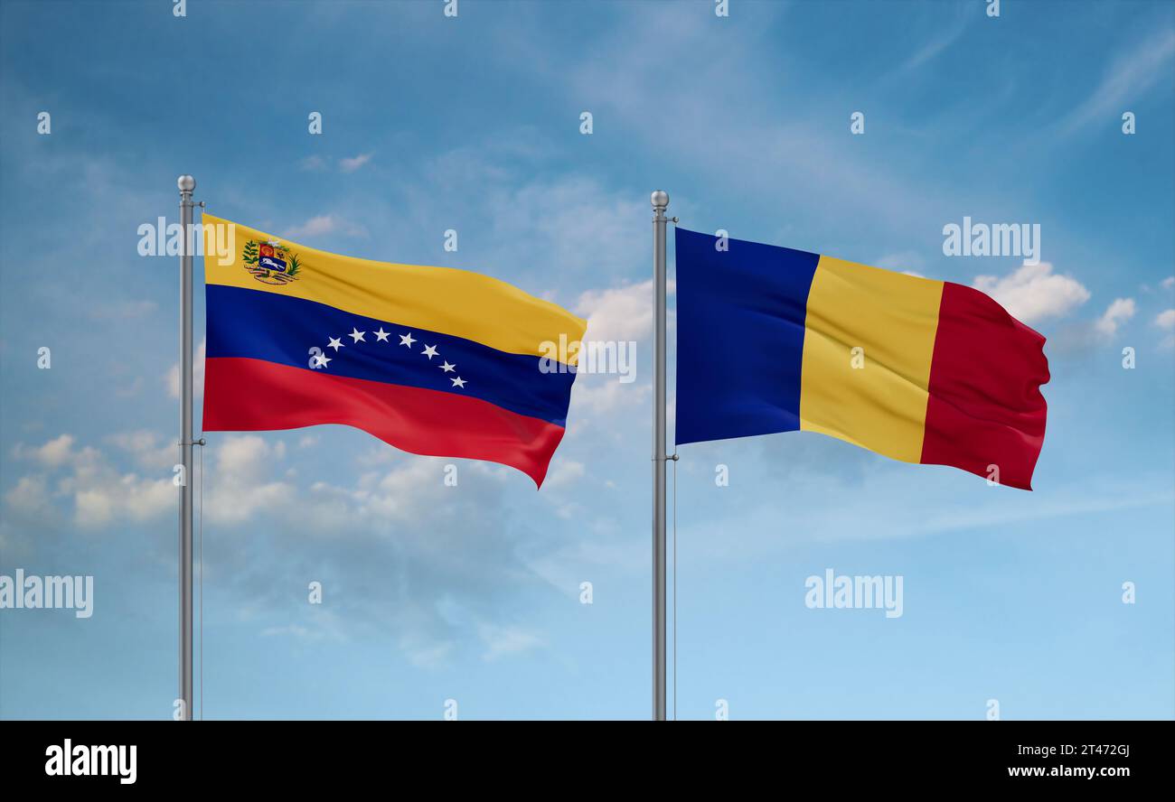 Republic of Chad and Venezuela flags waving together in the wind on ...