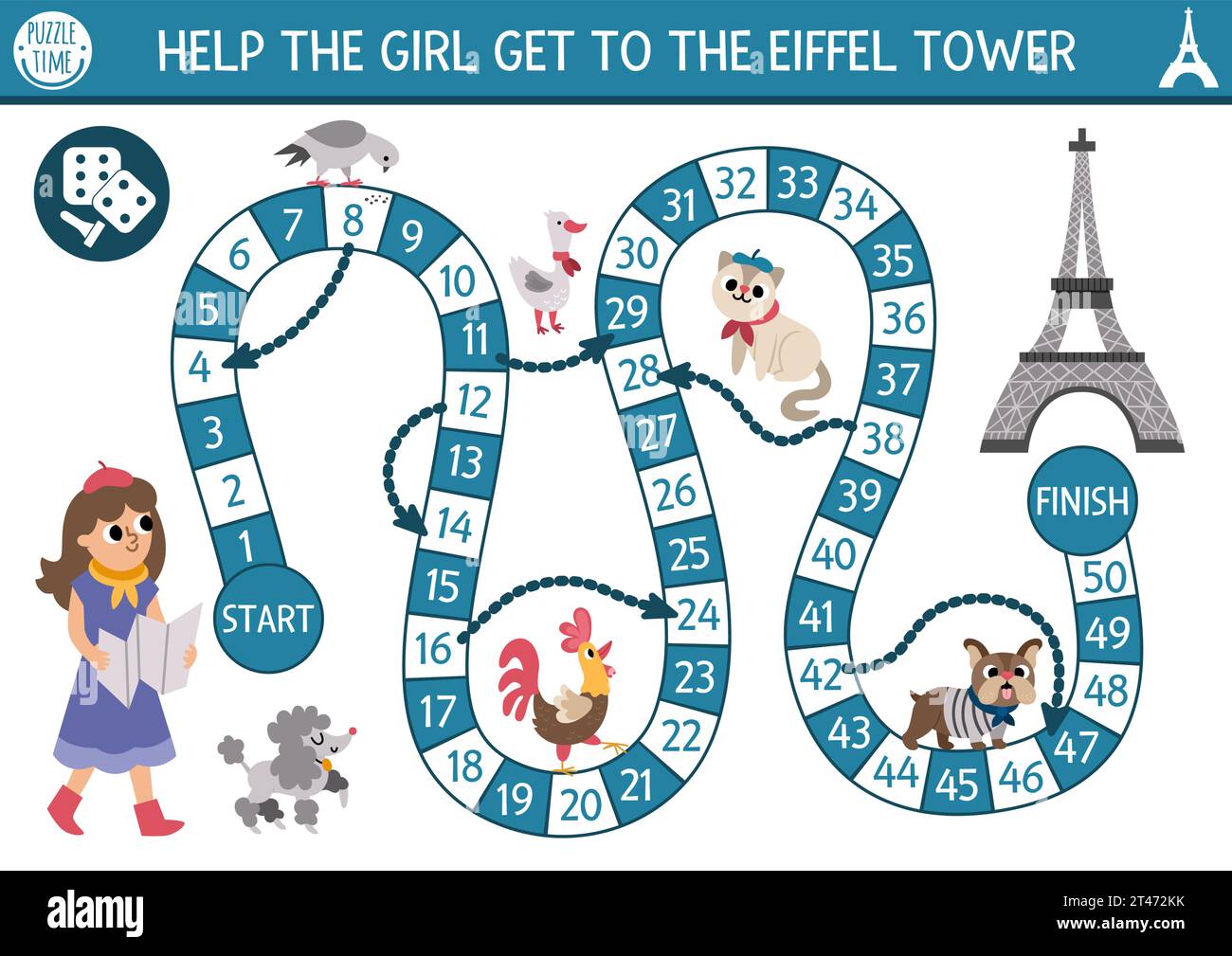 France dice board game for children with tourist girl with map going to Eiffel Tower. French