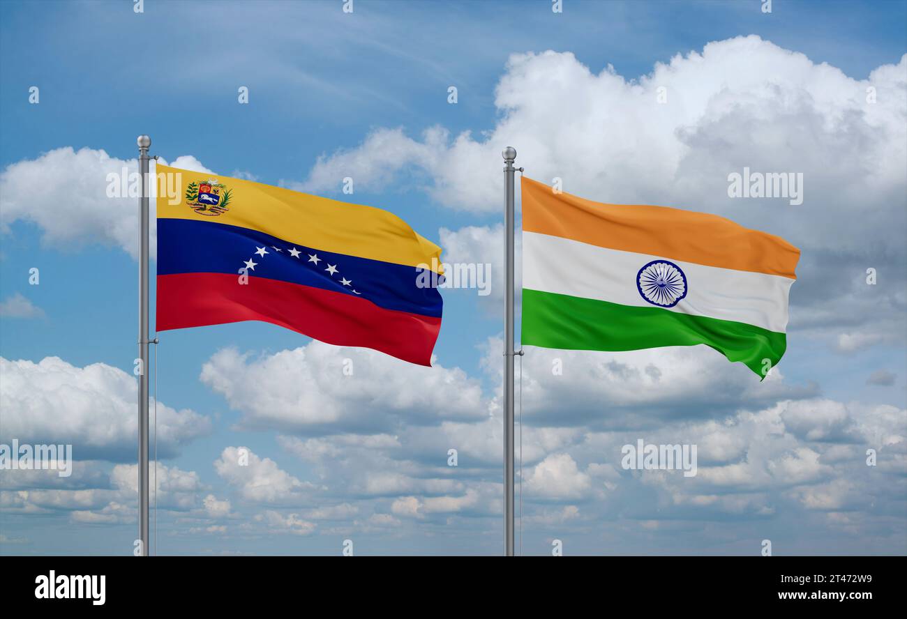 India and Venezuela flags waving together on blue cloudy sky, two ...