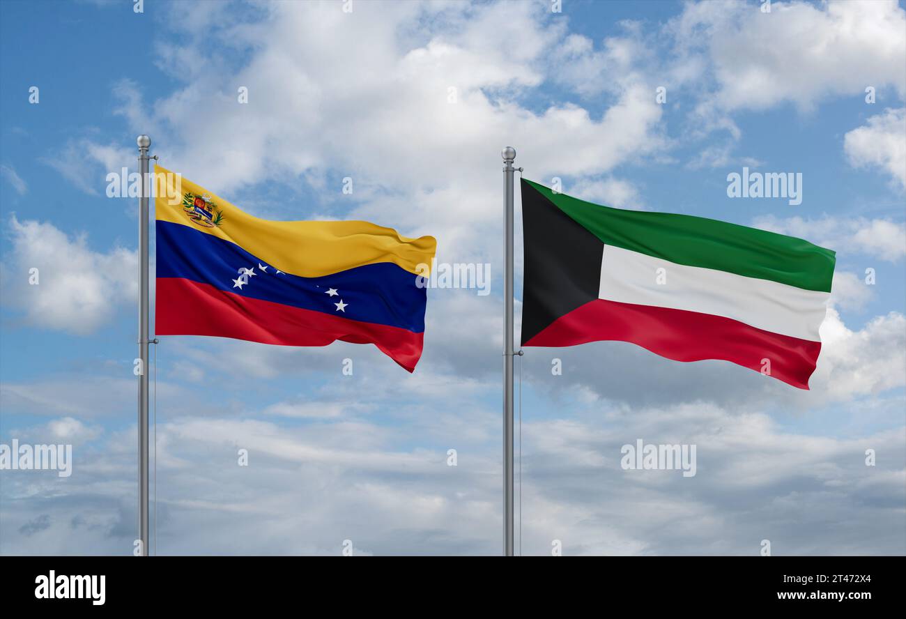 Kuwait and Venezuela flags waving together in the wind on blue cloudy ...