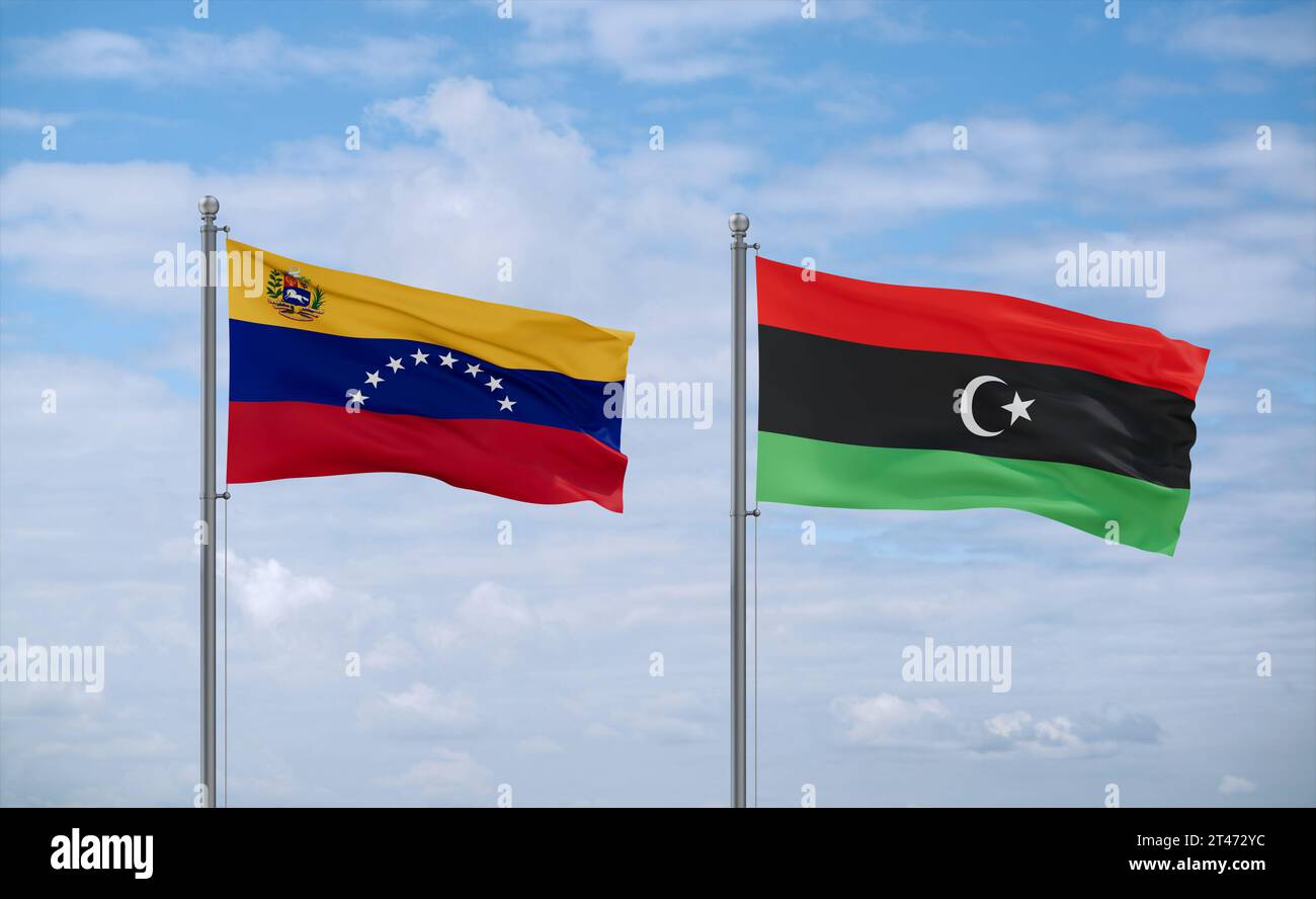 Libya and Venezuela flags waving together in the wind on blue cloudy ...