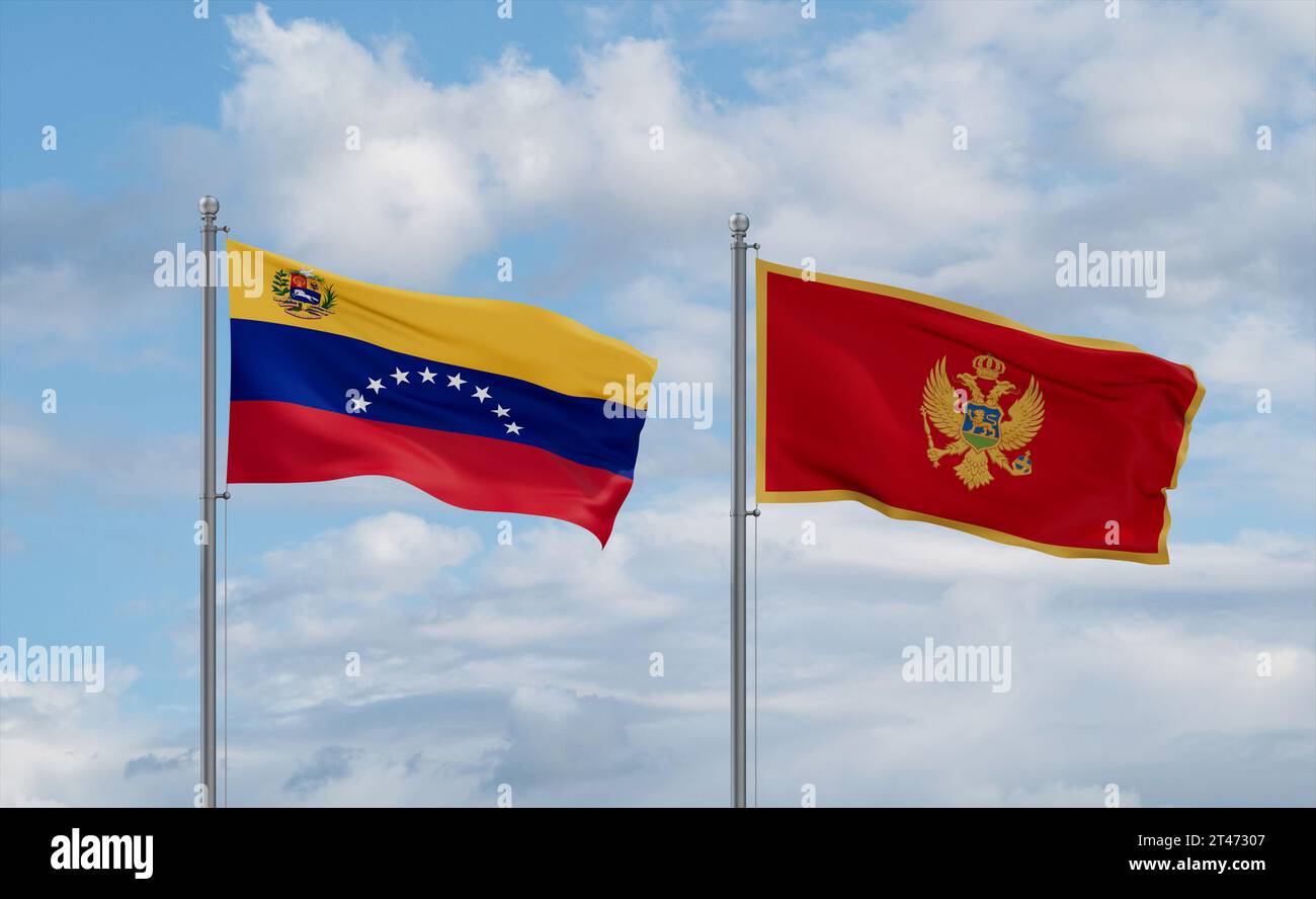 Montenegro and Venezuela flags waving together in the wind on blue ...