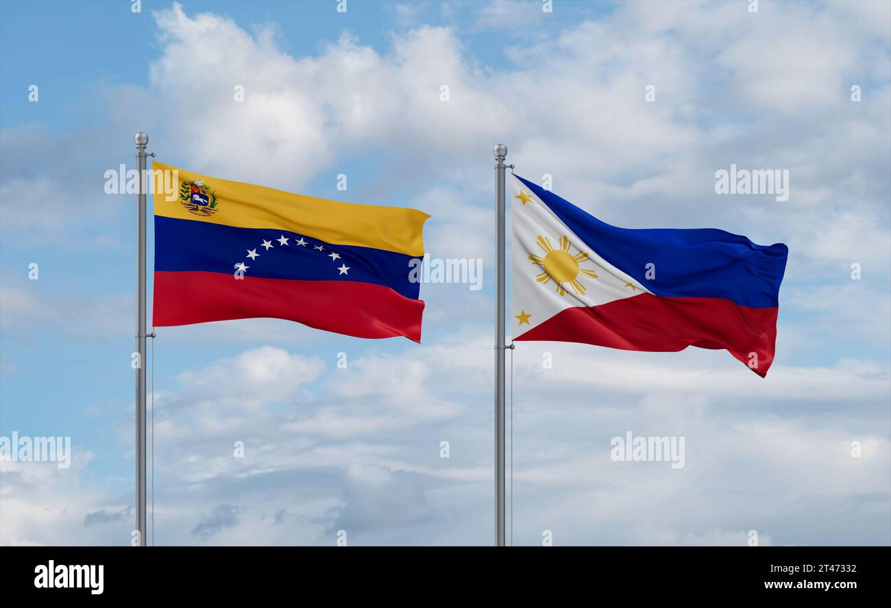 Philippines And Venezuela Flags Waving Together In The Wind On Blue 