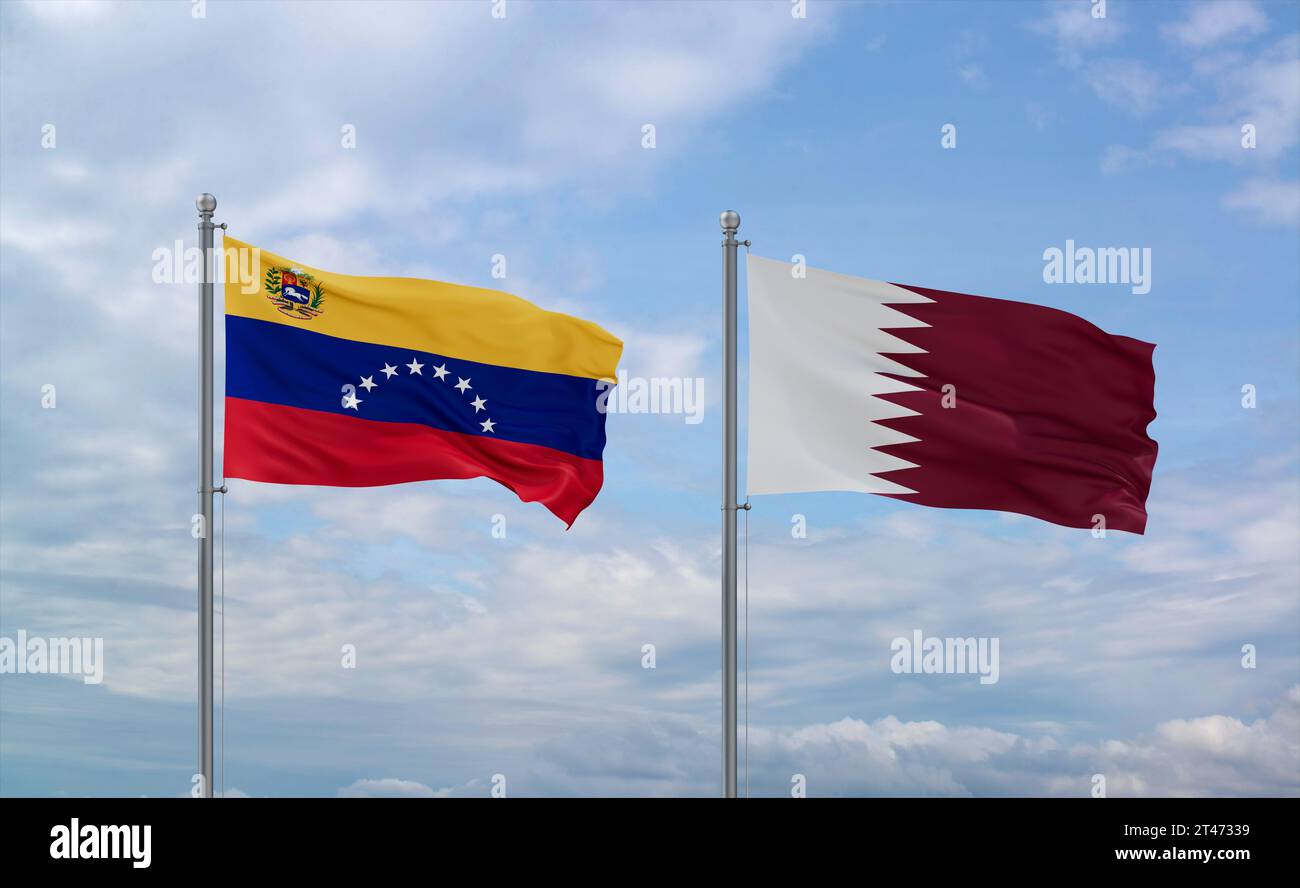 Qatar and Venezuela flags waving together in the wind on blue cloudy ...