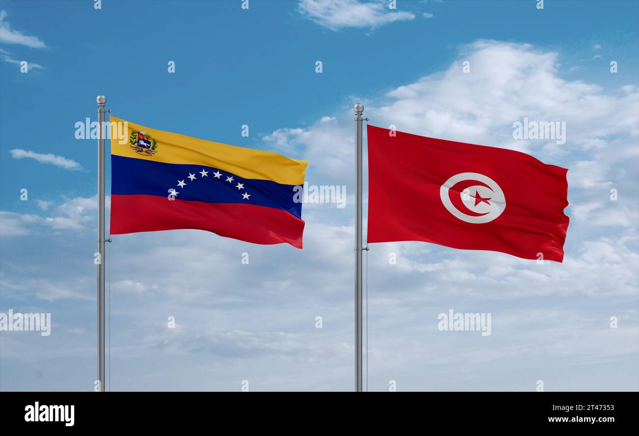 Tunisia and Venezuela flags waving together in the wind on blue cloudy ...