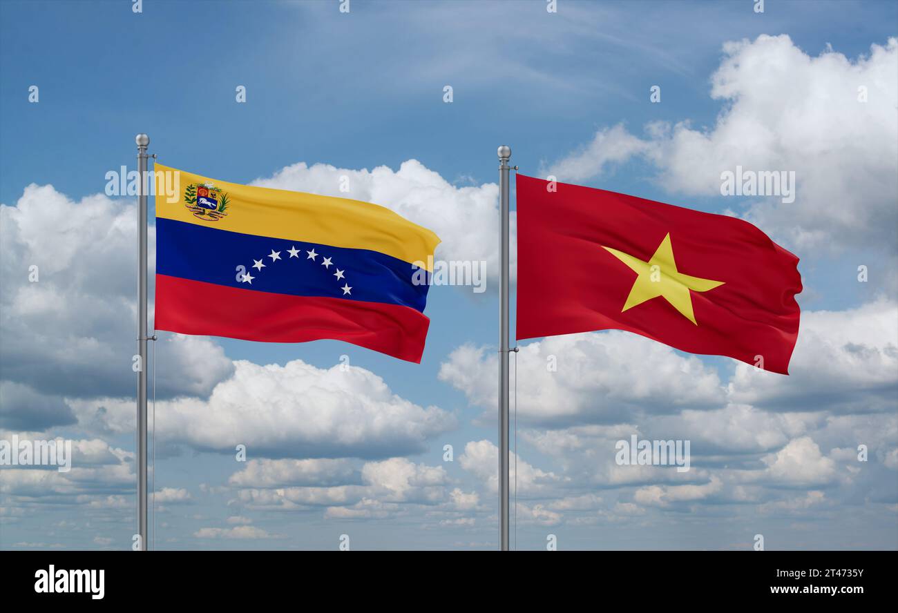 Vietnam and Venezuela flags waving together in the wind on blue cloudy ...
