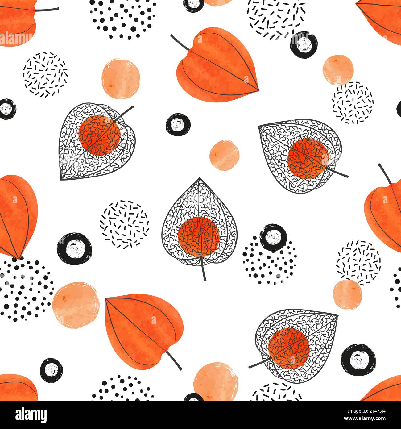 Abstract physalis pattern with flowers and berries. Seamless winter cherry texture Stock Vector
