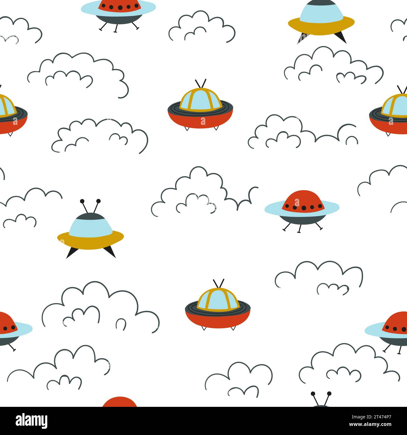 Vetor de Cosmic background. UFO, alien in love seamless pattern in doodle  style. Children's contour illustrations with Flying Saucers. Print sample  for fabric, wallpaper do Stock