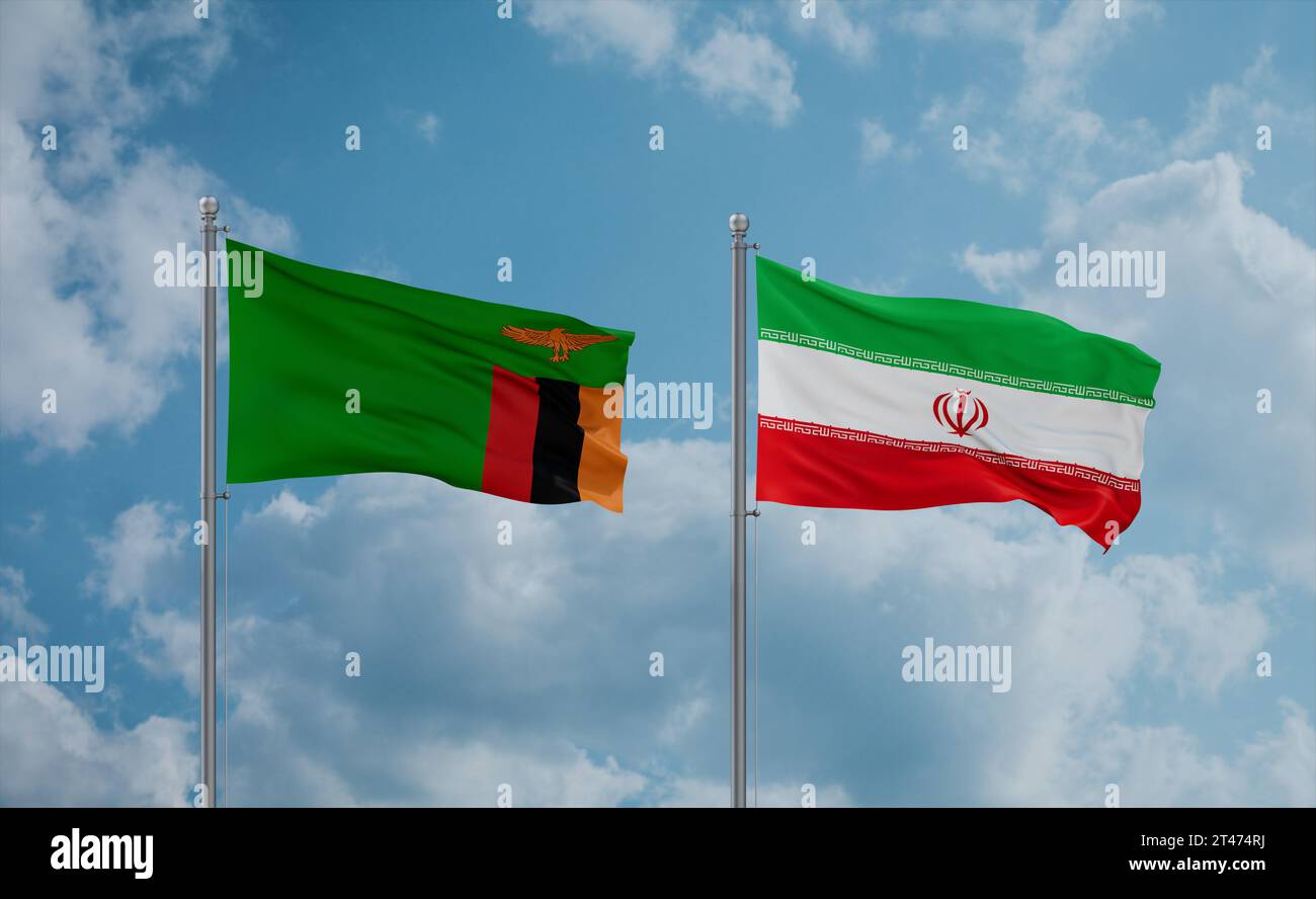 Iran and Zambia flags waving together on blue cloudy sky Stock Photo ...