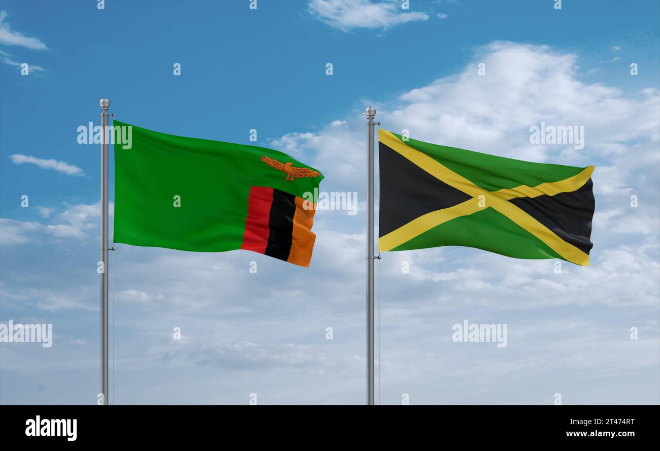 Jamaica and Zambia flags waving together in the wind on blue cloudy sky ...