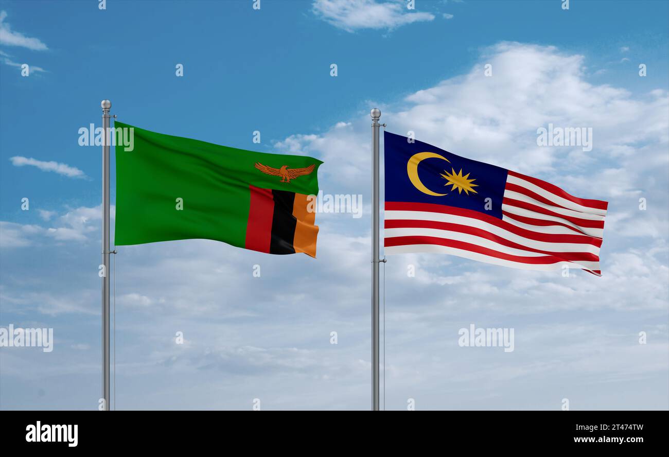 Malaysia and Zambia flags waving together in the wind on blue cloudy ...