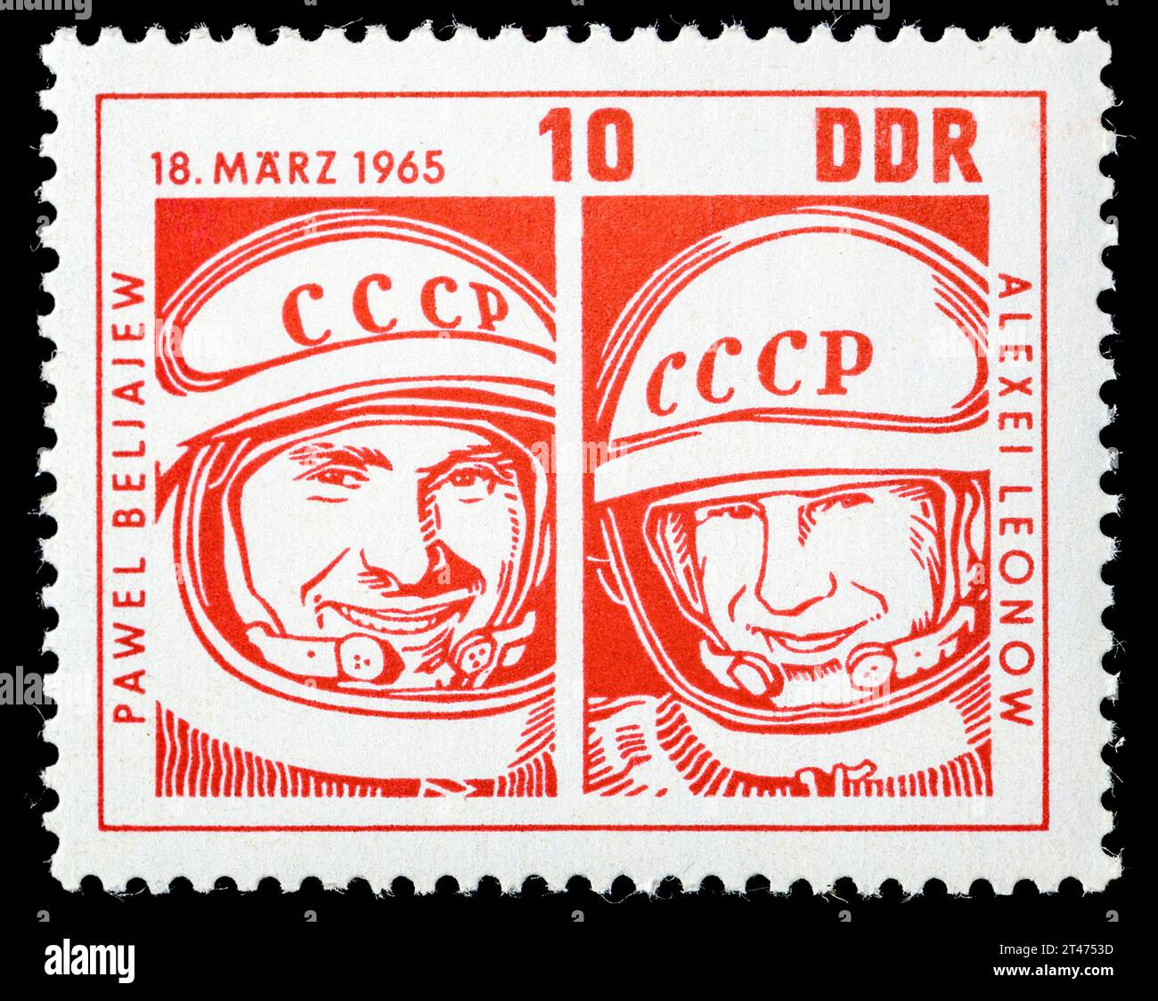 East German (DDR) postage stamp (1965) : First spacewalk - by Pavel Belyayev (1925-1970), Alexei Leonov (1934-2019) Stock Photo