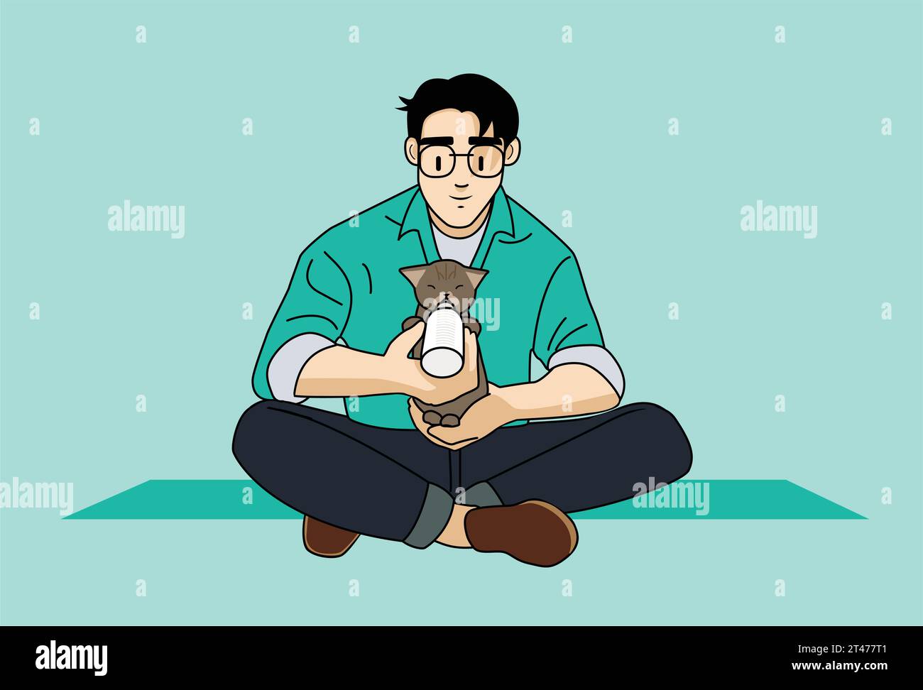 Person Raising, Fostering Orphaned baby Kitten, Sitting On Lap, Feeding with A Bottle of Milk For Healthy Nourishment Stock Vector