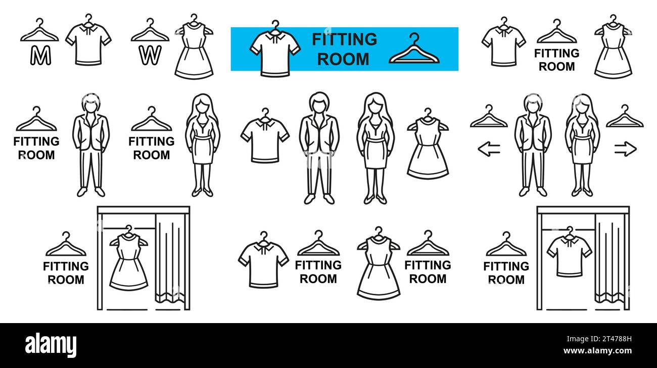 Man woman fitting changing room, person try clothing in store line icon set. Male female dressing cabin. Clothes hanger. Buy dress, t-shirt. Vector Stock Vector
