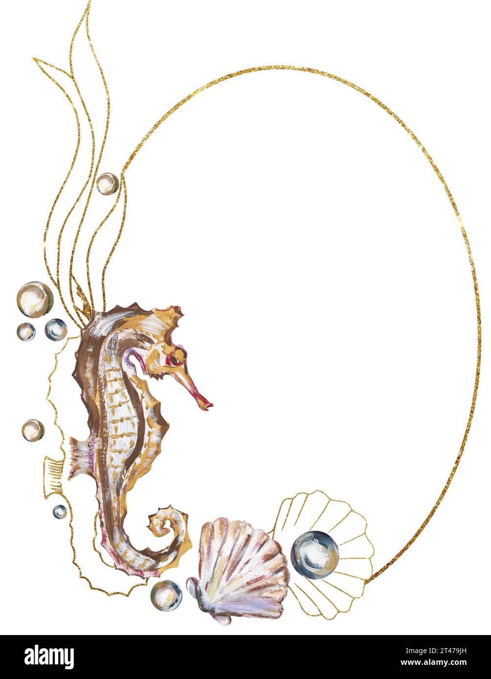 Acrylic hand painted sea shells, corals, sea horse and pearls wreath ...