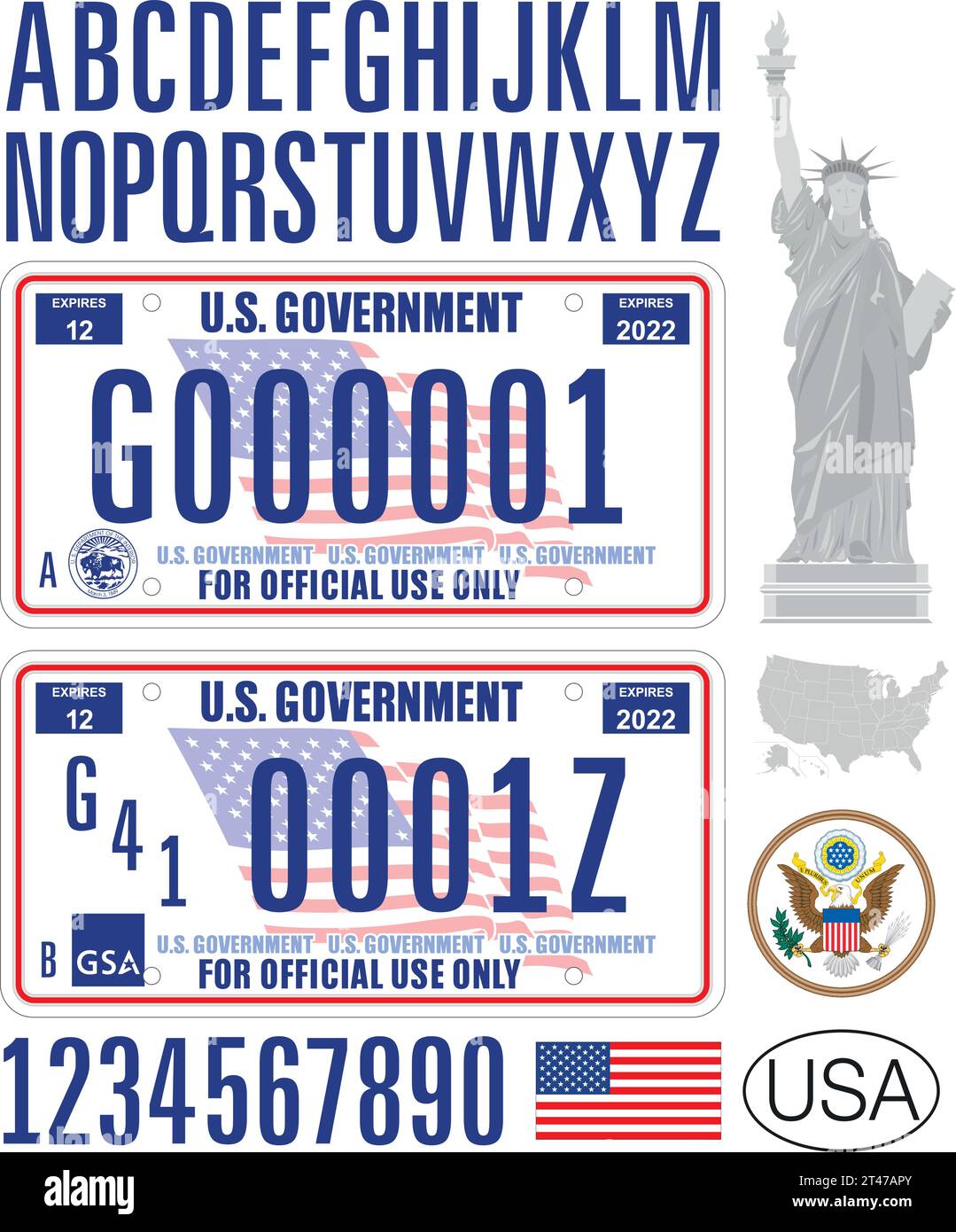 USA Government license plate pattern - Usa Government License Plate Pattern With Symbols Letters Numbers Map Vector Illustration 2T47APY