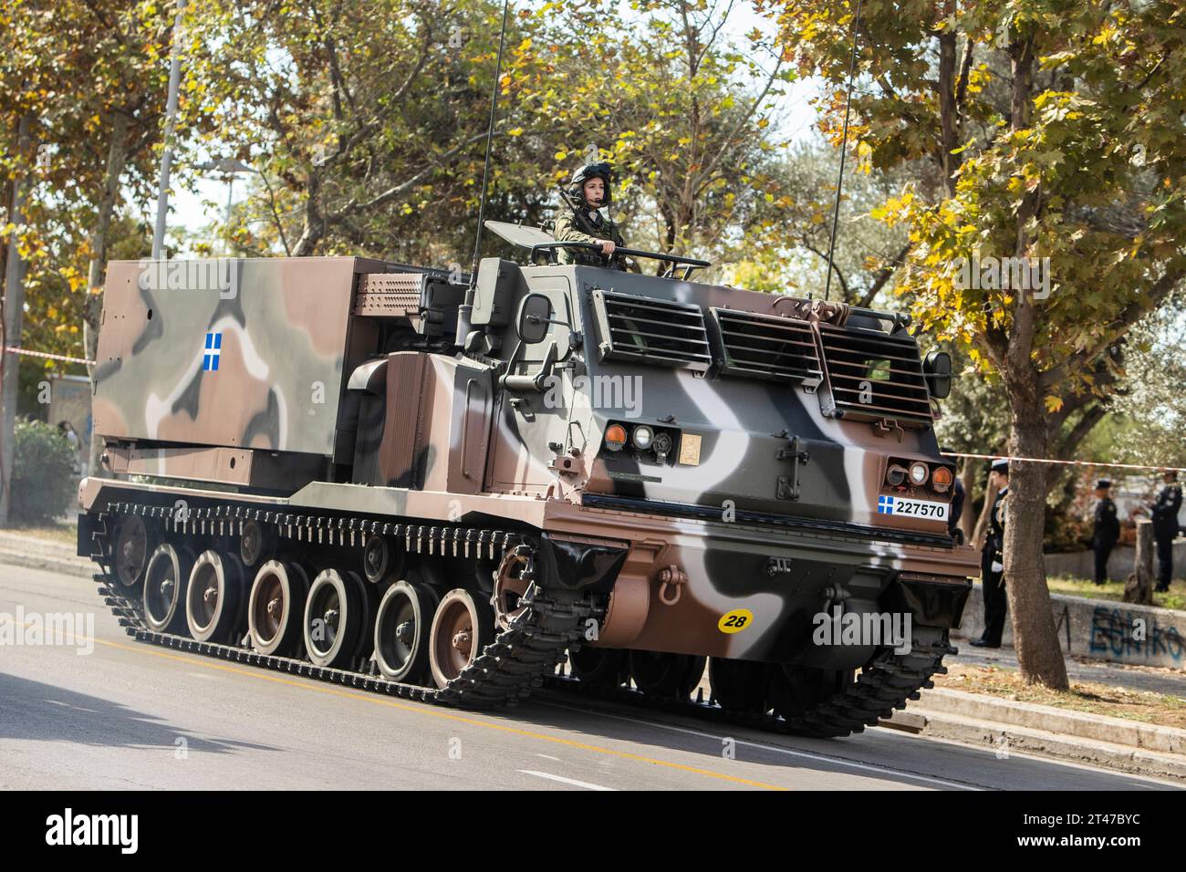 Thessaloniki, Greece. 28th Oct, 2023. A Greek Army Artillery M270 MLRS vehicle takes part in a military parade. The parade is held to celebrate Greece's refusal to align itself with fascist Italy in 1940 and fight a much stronger opponent, a decision which dragged it into World War II. (Credit Image: © Giannis Papanikos/ZUMA Press Wire) EDITORIAL USAGE ONLY! Not for Commercial USAGE! Stock Photo