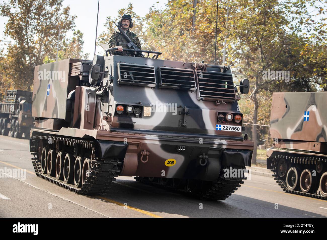 Thessaloniki, Greece. 28th Oct, 2023. Greek Army Artillery M270 MLRS vehicles take part in a military parade. The parade is held to celebrate Greece's refusal to align itself with fascist Italy in 1940 and fight a much stronger opponent, a decision which dragged it into World War II. (Credit Image: © Giannis Papanikos/ZUMA Press Wire) EDITORIAL USAGE ONLY! Not for Commercial USAGE! Stock Photo