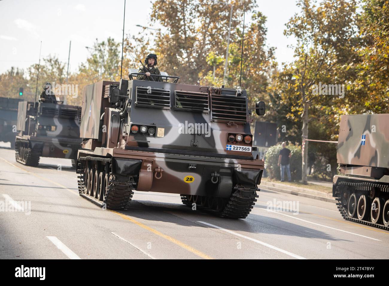 Thessaloniki, Greece. 28th Oct, 2023. Greek Army Artillery M270 MLRS vehicles take part in a military parade. The parade is held to celebrate Greece's refusal to align itself with fascist Italy in 1940 and fight a much stronger opponent, a decision which dragged it into World War II. (Credit Image: © Giannis Papanikos/ZUMA Press Wire) EDITORIAL USAGE ONLY! Not for Commercial USAGE! Stock Photo