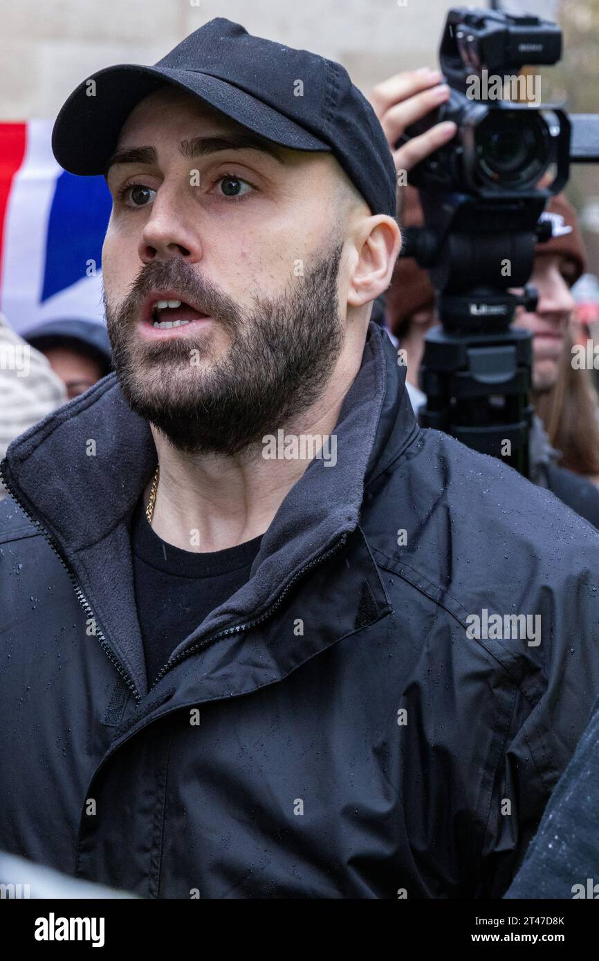 London, UK. 28th October, 2023. Nick Tenconi is pictured at a counter-protest by right-wing Turning Point UK to the National March for Palestine. Mass Palestinian solidarity rallies have been held throughout the UK for a third consecutive weekend to call for an end to the Israeli bombardment of Gaza. Credit: Mark Kerrison/Alamy Live News Stock Photo