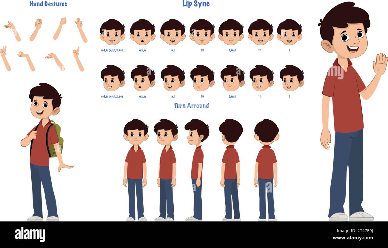 Boy Character Model Sheet for Animation Including Lips Sync, Hand