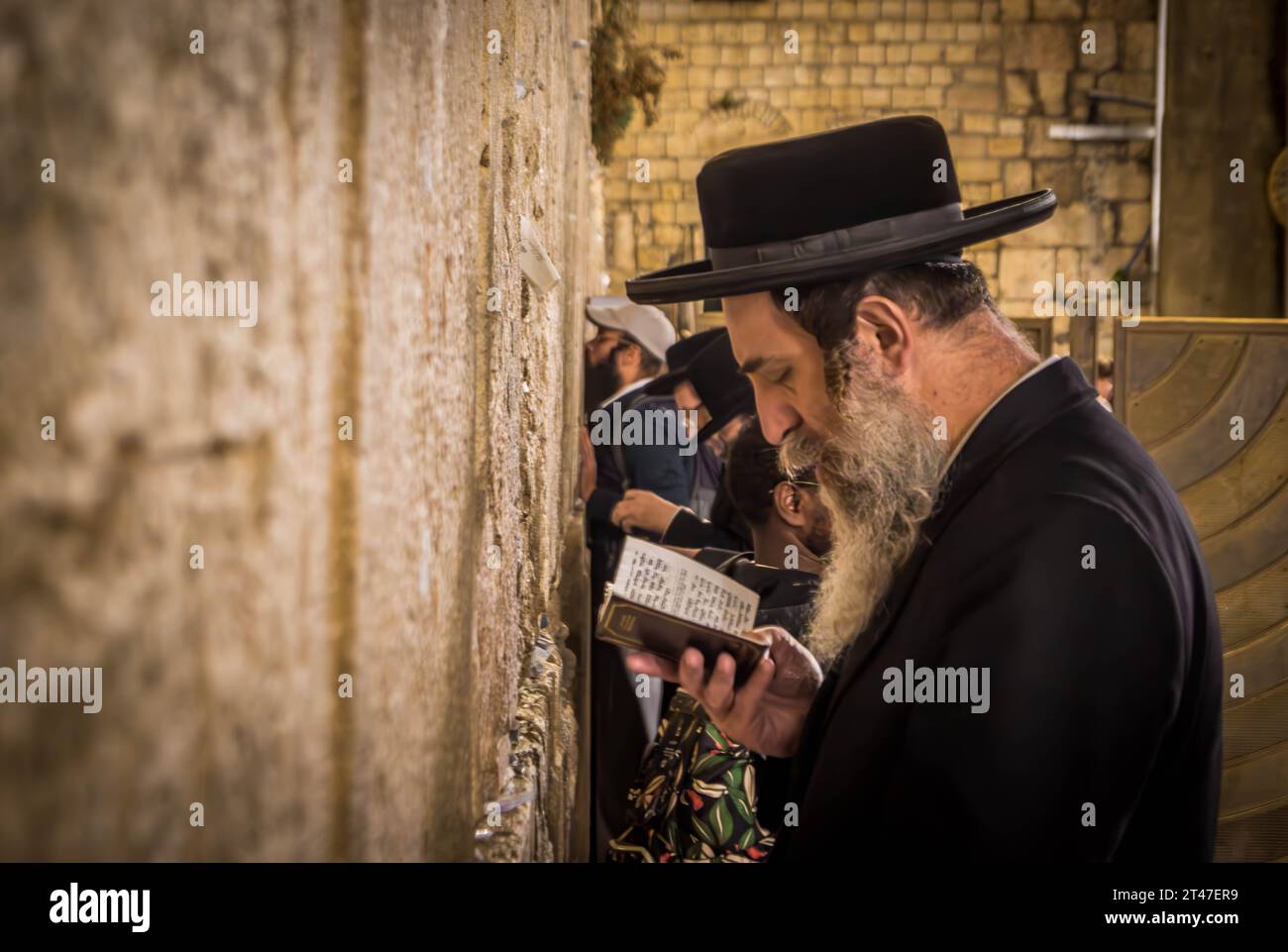 The ultra-orthodox Jewish man (haredi) praying with Tora in hand at Western wall (Wailing Wall), the Judaism shrine, at Jerusalem Old Town in Israel. Stock Photo