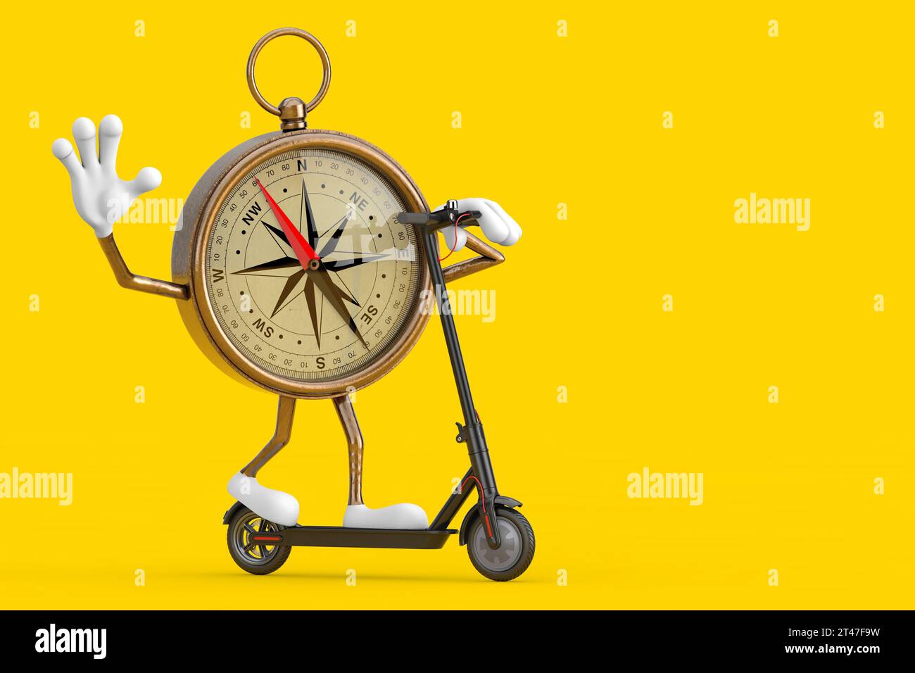 Antique Vintage Brass Compass Cartoon Person Character Mascot Riding Kick Electric Scooter on a yellow background. 3d Rendering Stock Photo