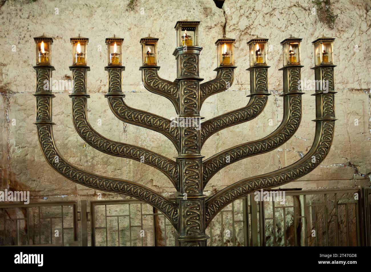The official Hanukkah menorah of the Western Wall in Jerusalem, alight