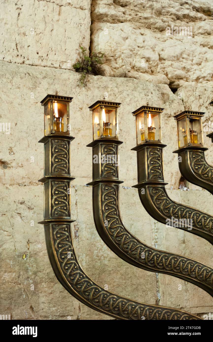 The official Hanukkah menorah of the Western Wall in Jerusalem, alight