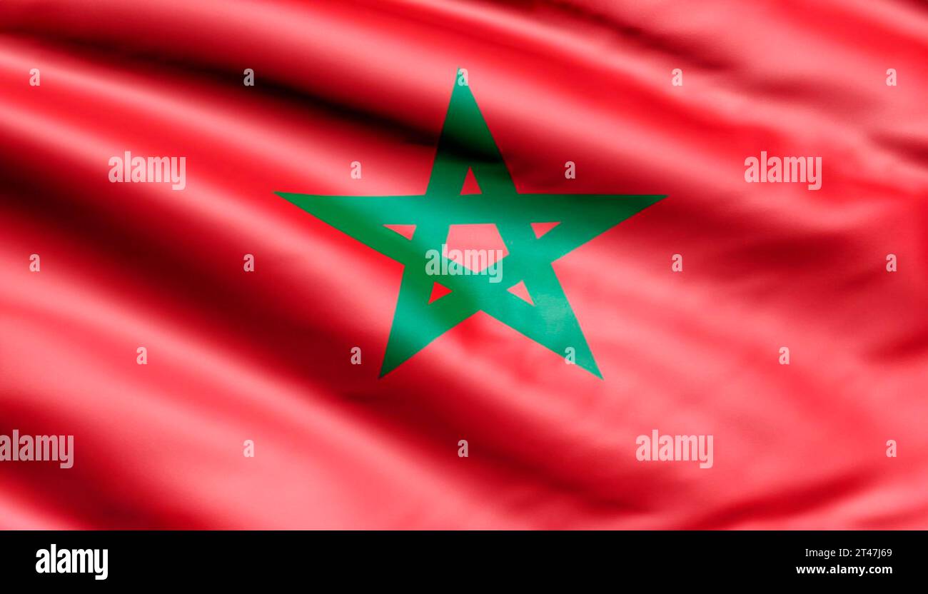 Close up realistic texture fabric textile silk satin flag of Morocco waving fluttering background. National symbol of the country. 18th of November, H Stock Photo