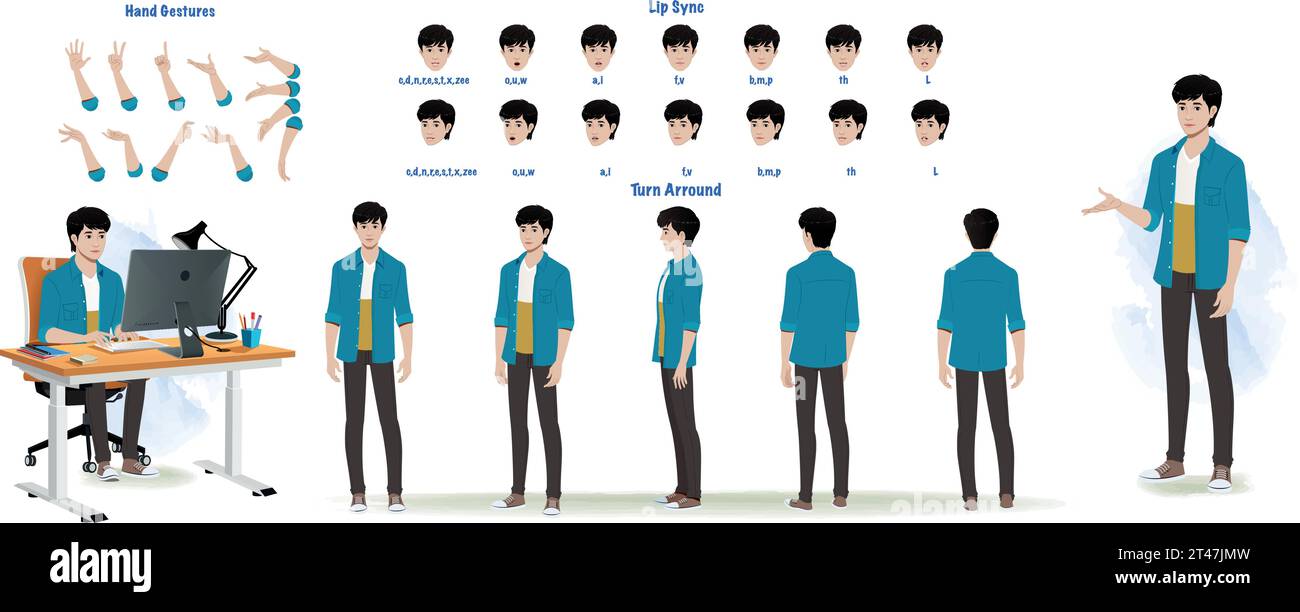 A young man character model sheet for animation. Character model sheet with lips sync, hand gesture, turn around sheet Stock Vector