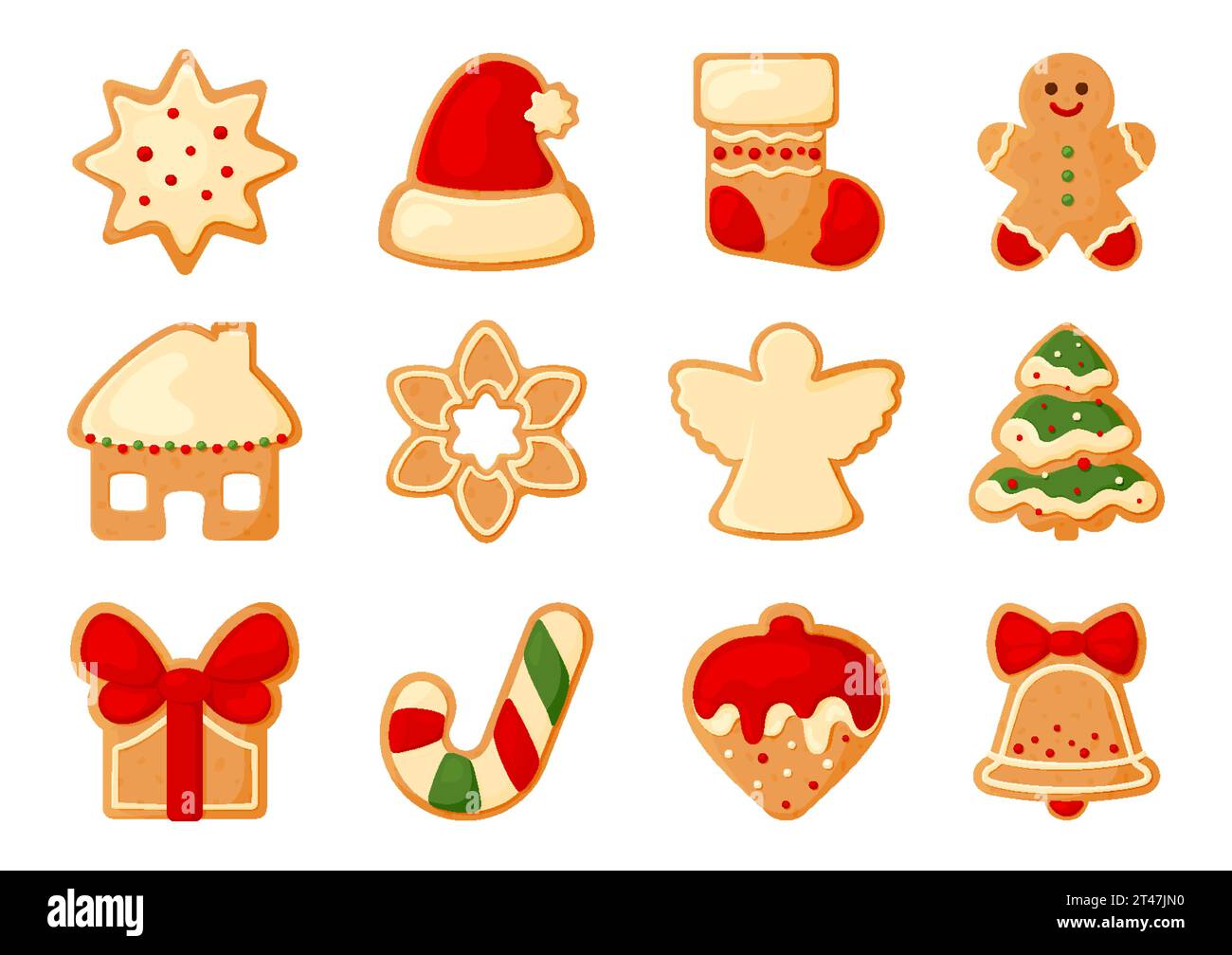 Christmas gingerbread sugar glaze cookie flat set. Winter dessert milk red green santa hat sock house star snowflake angel xmas tree gift bow ribbon ginger man candy cane bell sticky icing isolated Stock Vector