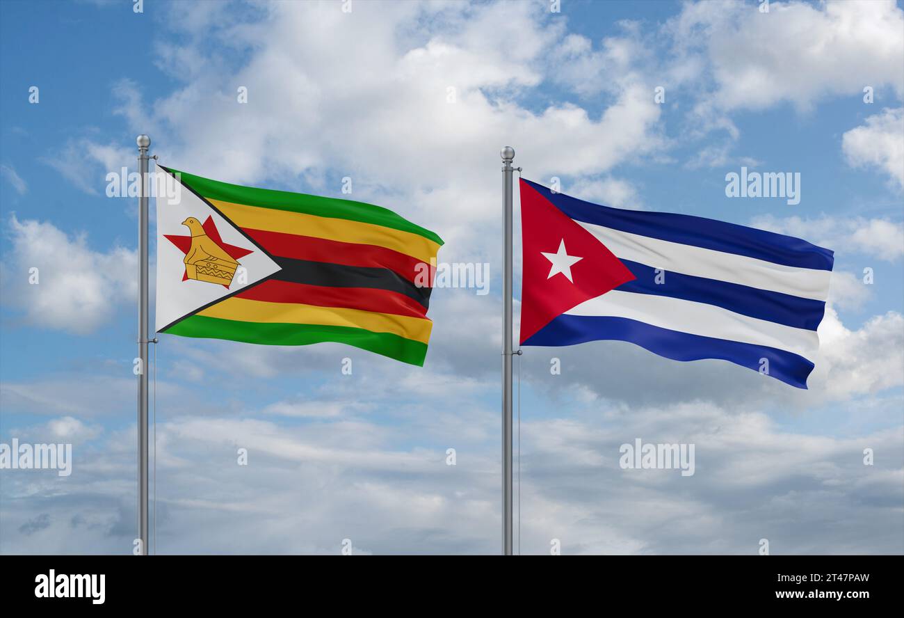 Cuba and Zimbabwe flags waving together in the wind on blue cloudy sky ...