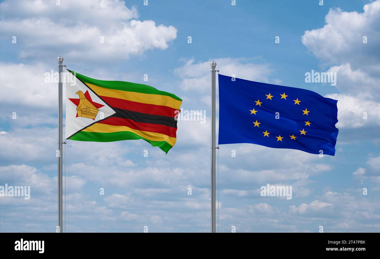 European Union and Zimbabwe flags waving together in the wind on blue ...